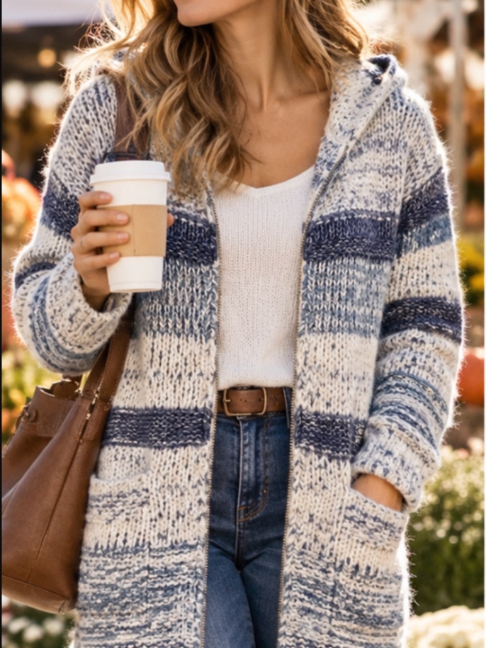 Isabel Marant Etoile Persan Hoody Zip Cardigan Blue White Alpaca Wool Knit Sz 40
